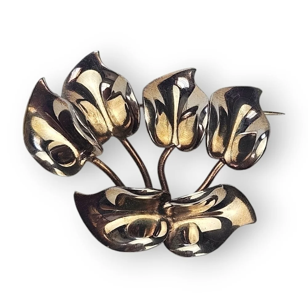 Art Deco Floral Brooch Shiny Gold Plated Leaves Leaf Dimensional Vintage 40s 2
